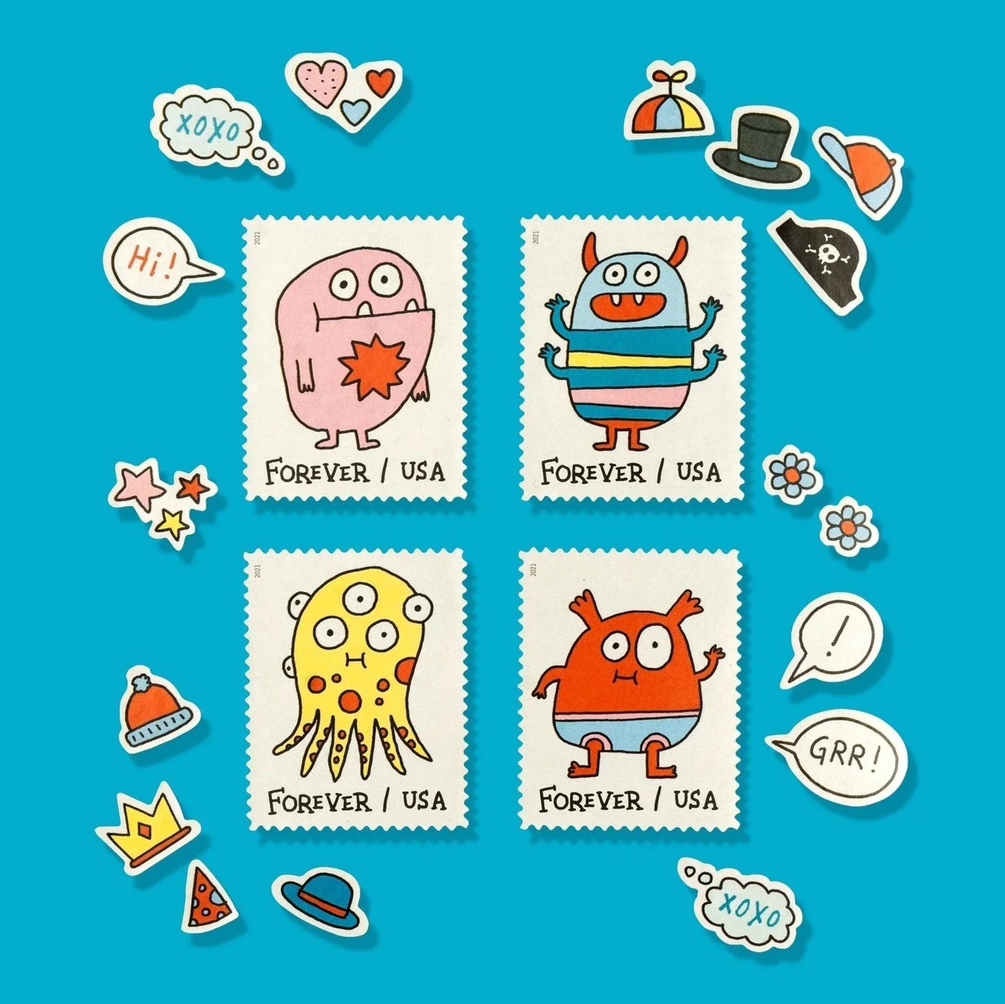 Forever Stamps 2021 Message Monsters-Whimsical Cartoon Designs, First-Class Postage